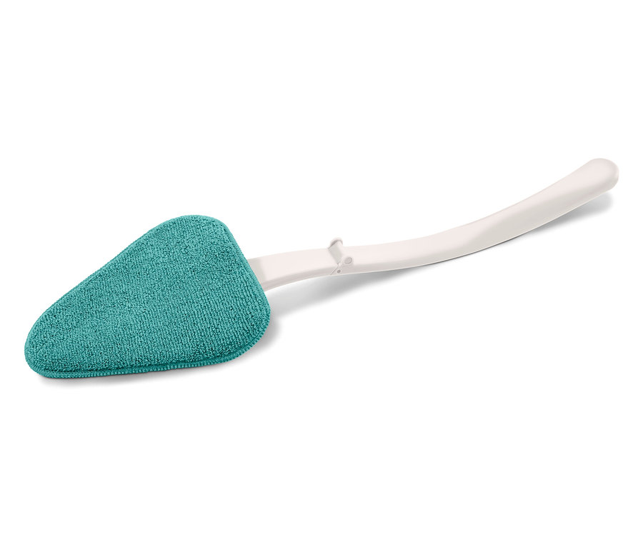 Reinigungswerkzeug mit blaugrünem Stoffkopf und weißem Kunststoffgriff.