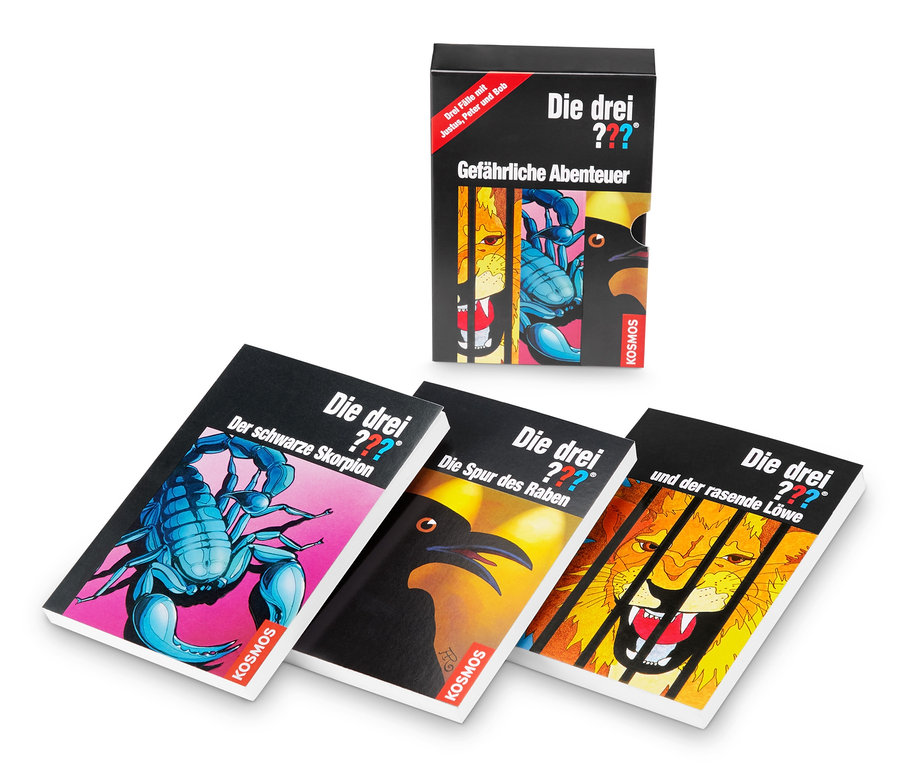 Vier Bücher "Die drei ???" sind auf einem weißen Hintergrund abgebildet.