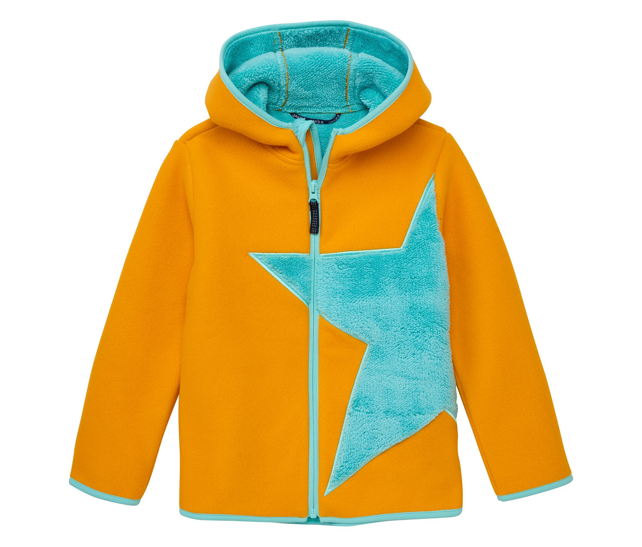 Die JAKO-O Kuschelfleecejacke, safran ist eine Fleecejacke mit Kapuze und einem hellblauen Stern auf der Vorderseite.