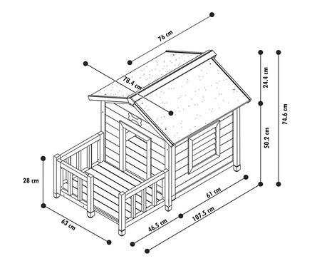 Diagramm einer Hundehütte »TALAMONE JAVA« mit Maßangaben.