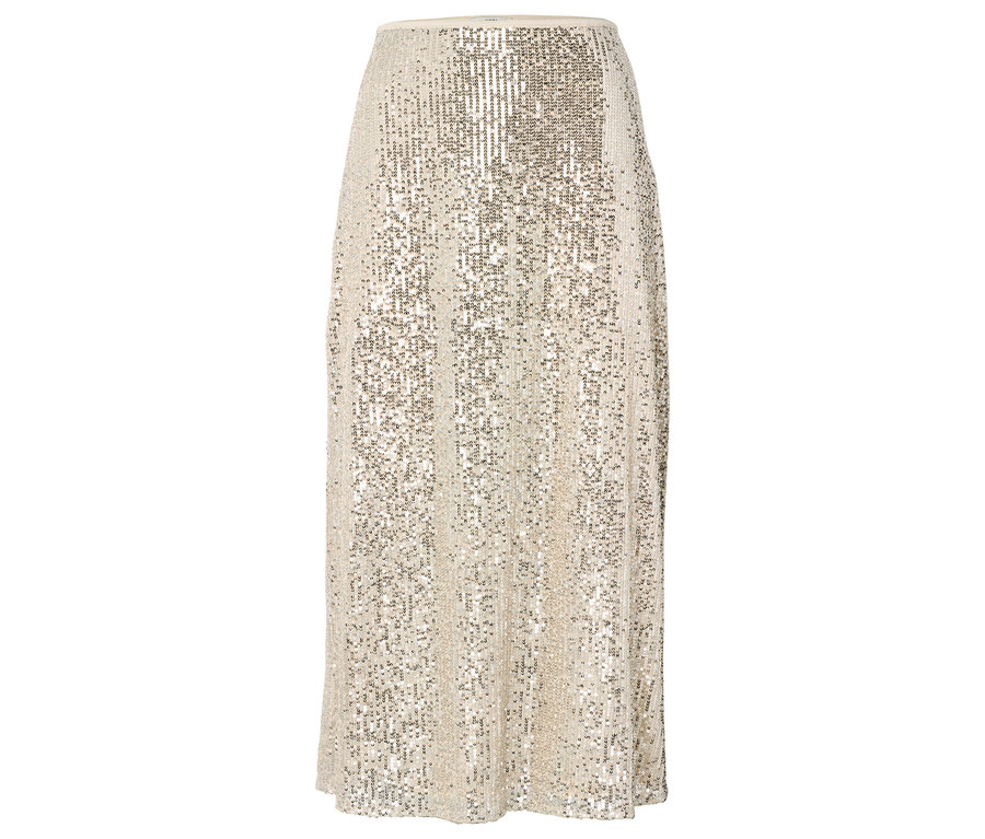 Ein beigefarbener, paillettenbesetzter Rock in A-Linie.