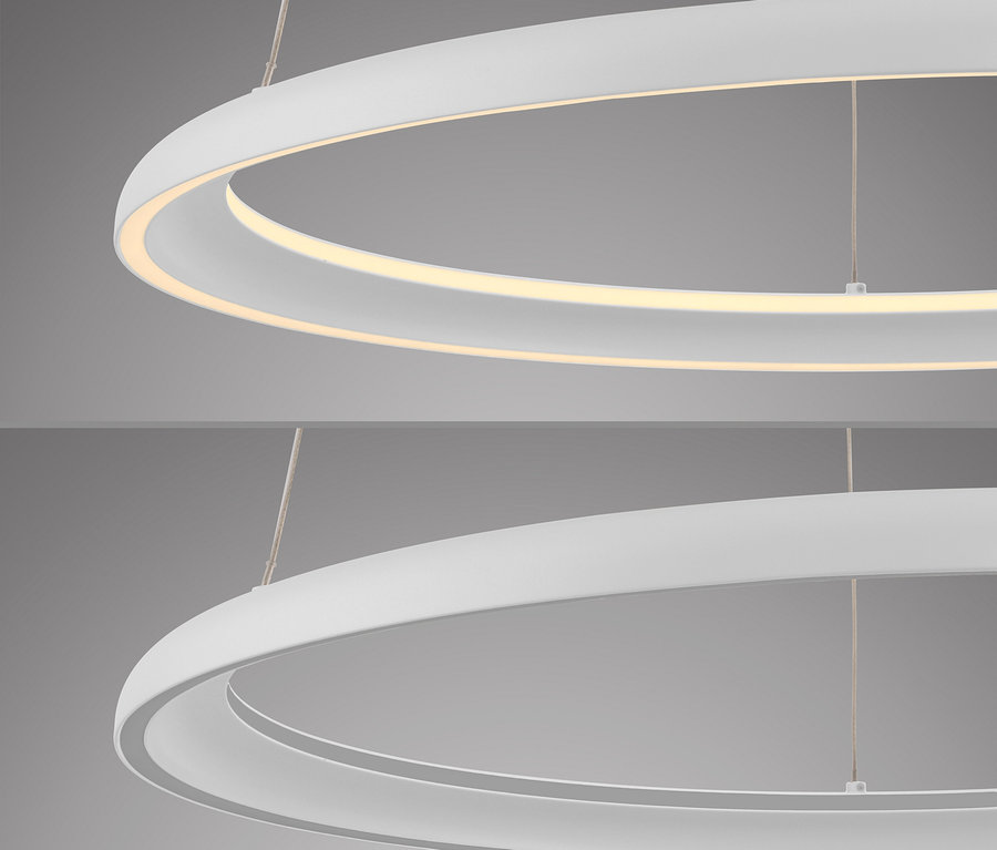 Zwei weiße, kreisförmige Hängeleuchten mit LED-Beleuchtung.