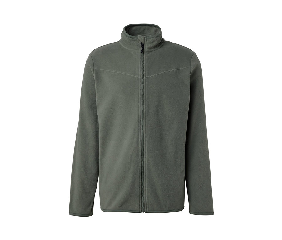 Khakifarbene Fleecejacke mit Reißverschluss.