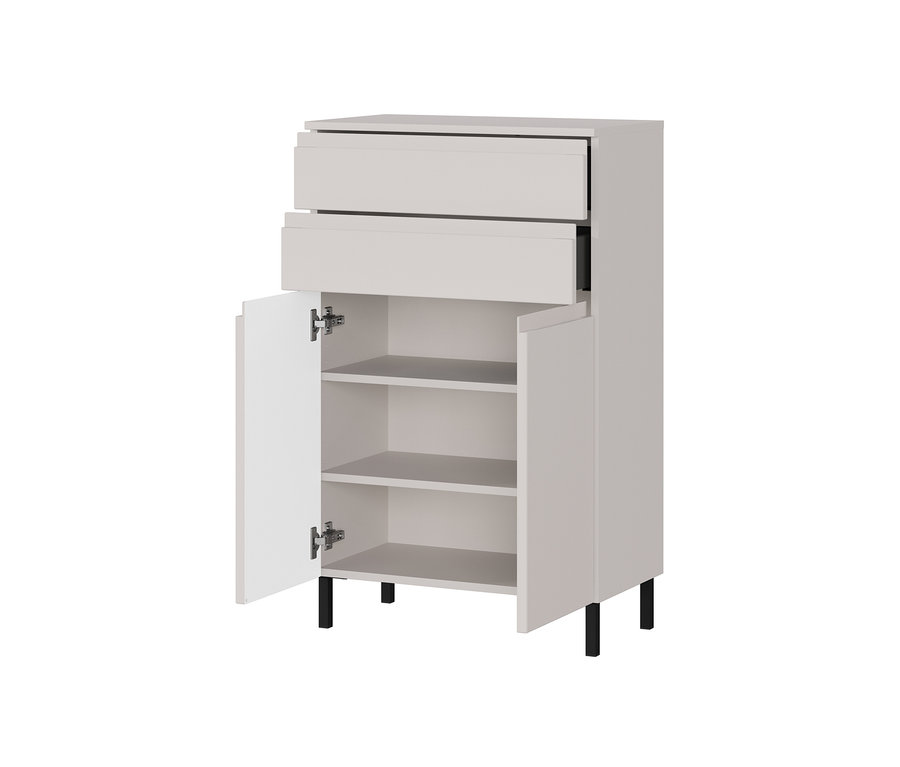 Eine »Salinas« Kommode in Kaschmir mit zwei Schubladen oben und offenen Türen unten.