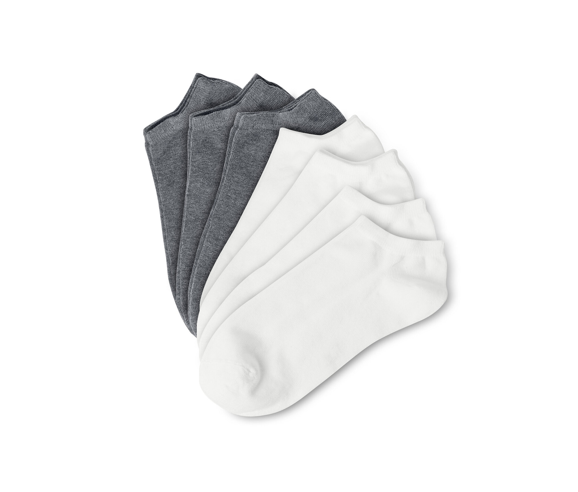 Ein Fächer aus sieben Paar Sneakersocken in Weiß und Grau.