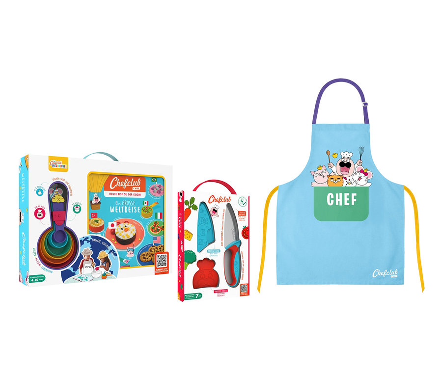Chefclub Koch-Set mit Messbechern, Messern und einer Schürze.