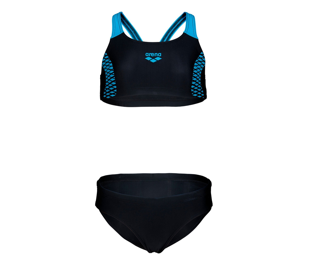 Schwarzer arena Feel Kinder-Bikini Openings Energy Back mit blauen Details.