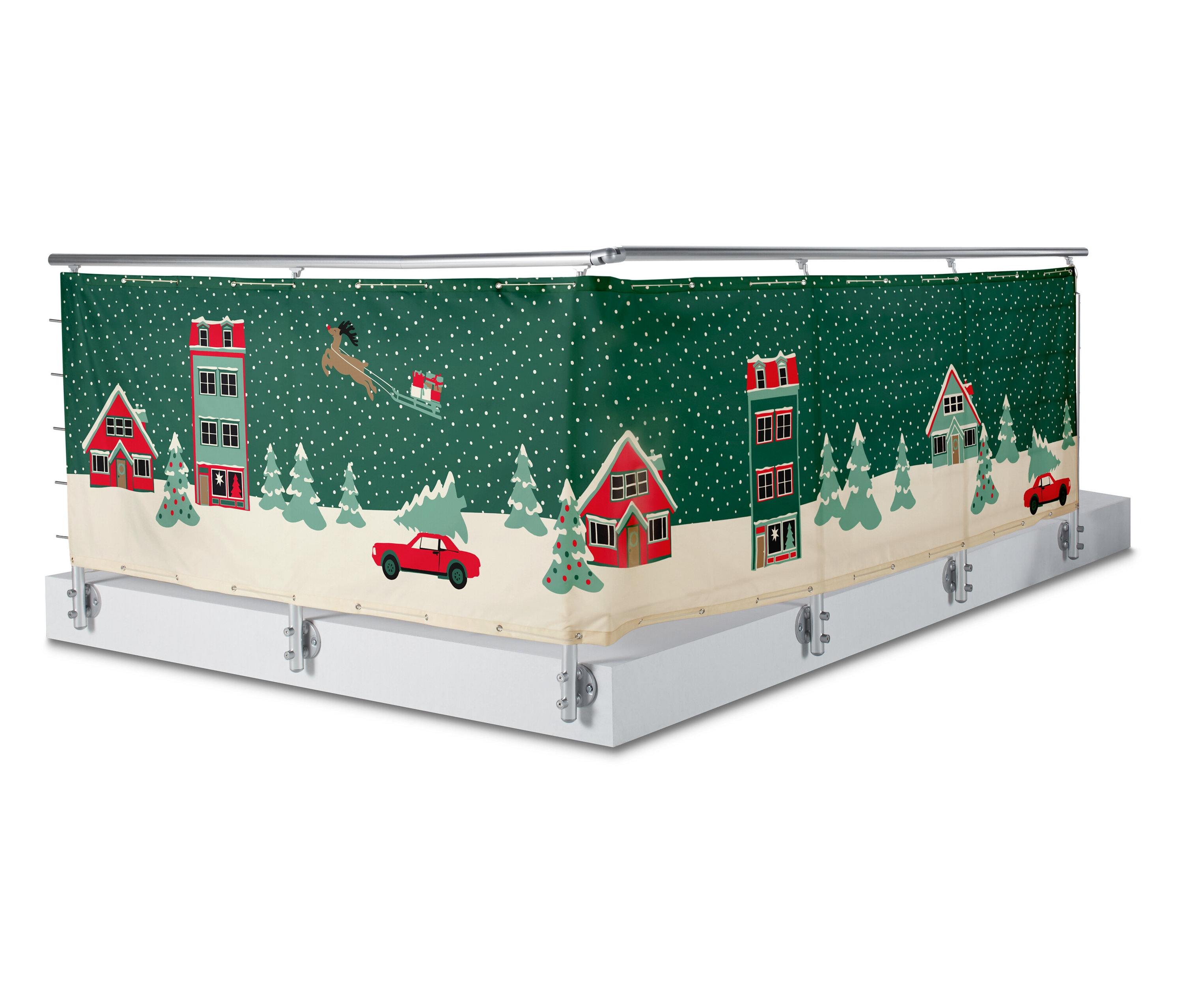 Balkonverkleidung mit Weihnachtsmotiv einer Schneelandschaft mit Häusern, Bäumen, Autos und einem Rentierschlitten.