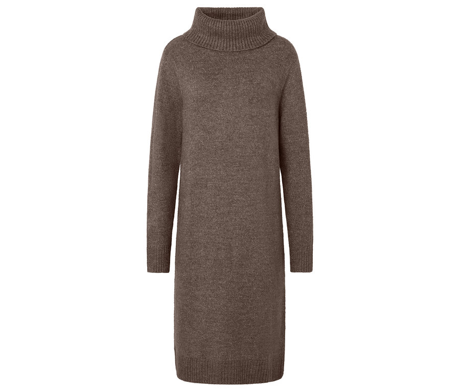 Braunes Strickkleid mit Rollkragen.