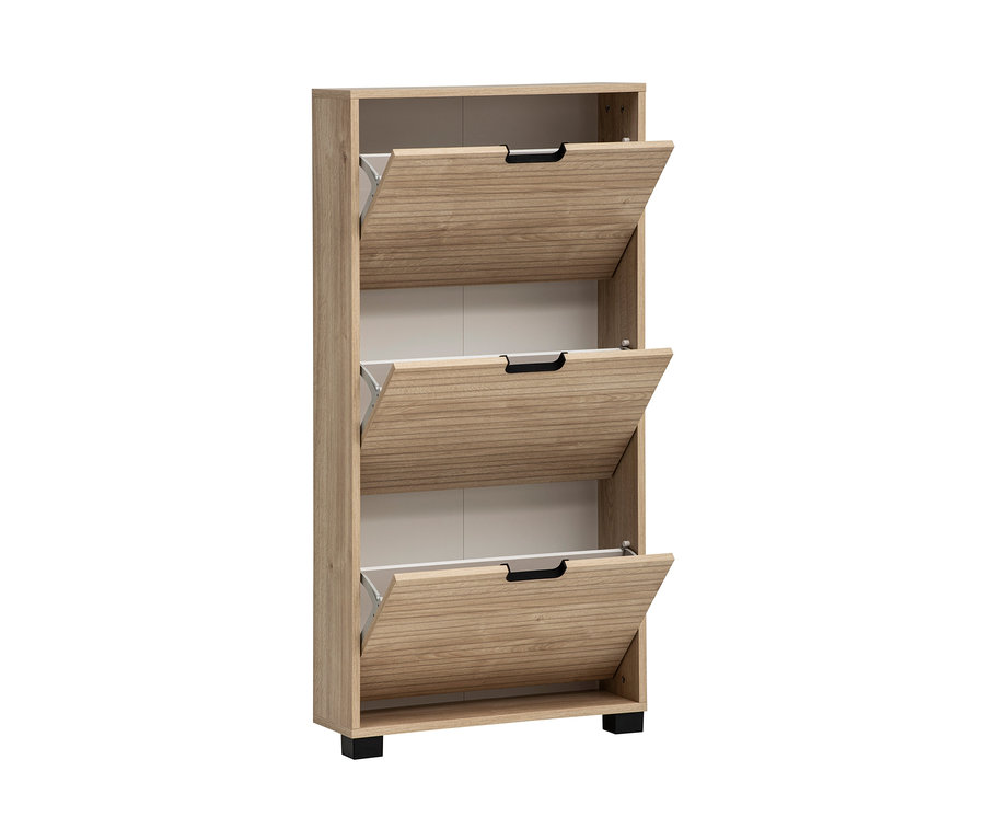 Schuhschrank »Emmik«, weißeiche gestreift, groß, mit drei Kippfächern, die teilweise geöffnet sind.