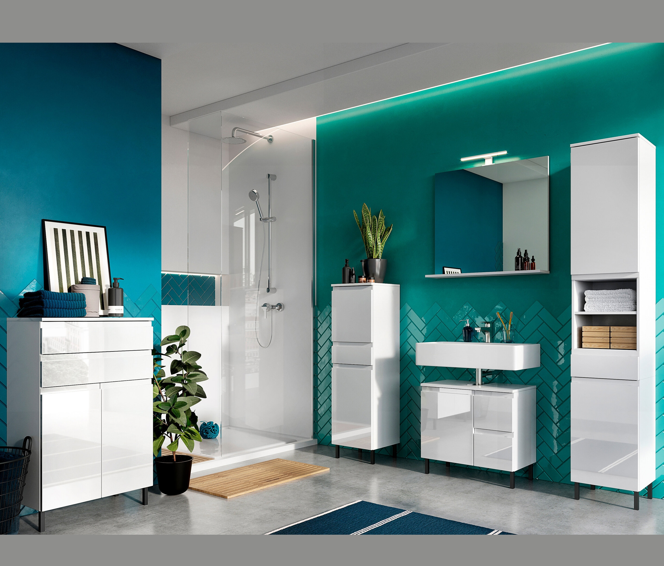 Badezimmer mit weißem »Salinas« Waschbeckenunterschrank, Spiegel und Dusche.