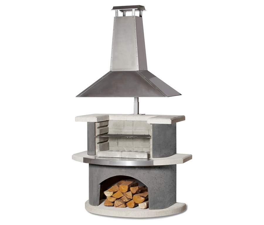 Buschbeck Premium Grillkamin »Zürich« inklusive Wetterschutzhaube aus Stein und Metall mit Holzscheiten im unteren Bereich.