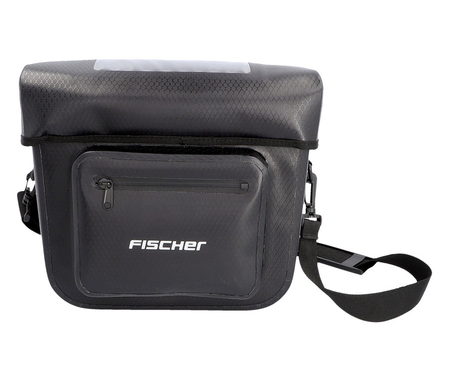 Schwarze FISCHER Lenkertasche PLUS+ Terra mit transparentem Fach oben und kleinem Reißverschlussfach vorne.
