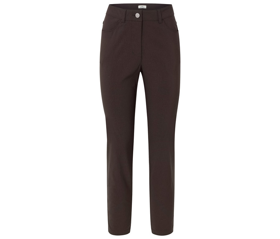 Braune Hose mit Taschen und Knopfverschluss vor weißem Hintergrund.