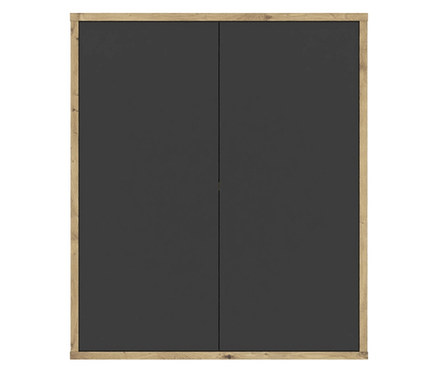 Ansicht eines Schranks mit zwei grauen Türen und einem hellbraunen Rahmen.