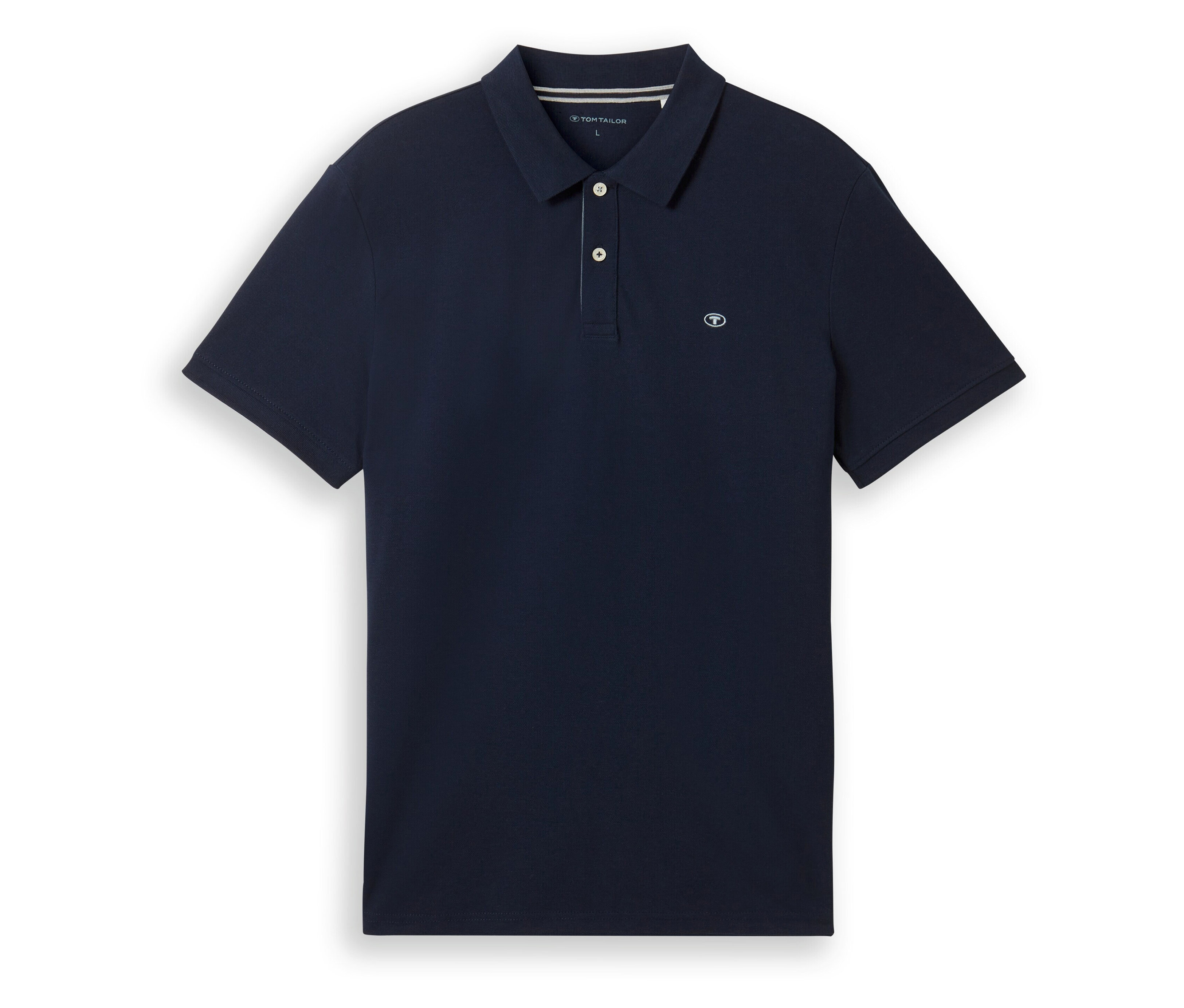 Das Tom Tailor Piqué Poloshirt in Sky Captain Blue liegt flach. Es hat kurze Ärmel und Knöpfe.