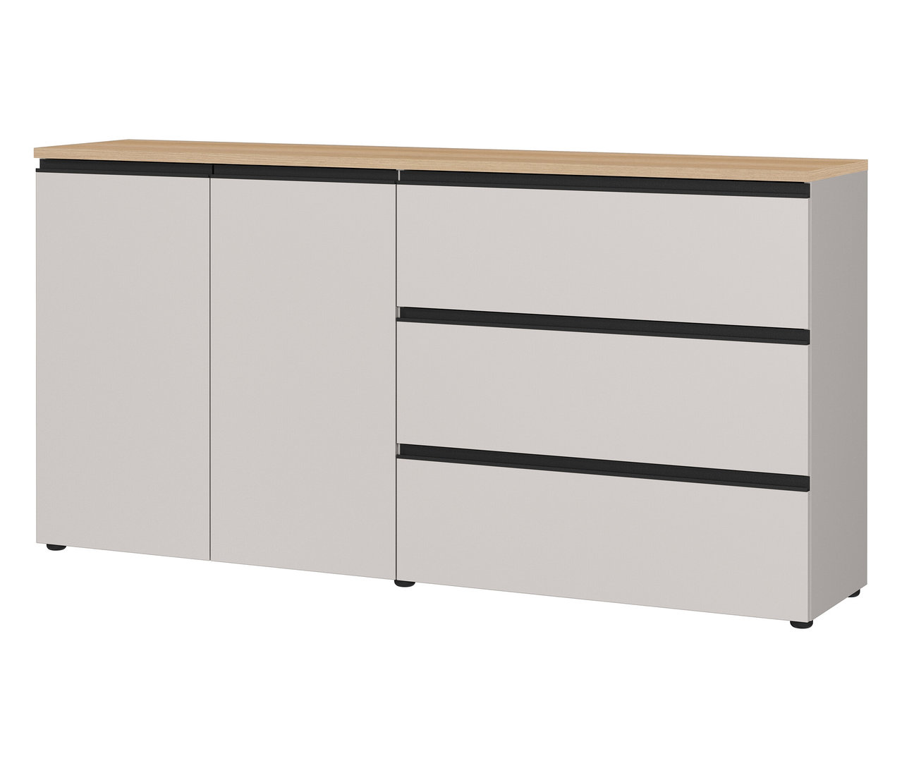 Das Sideboard »Cormano» in Weiß hat drei Schubladen rechts und zwei Türen links. Die Oberseite ist hellbraun.