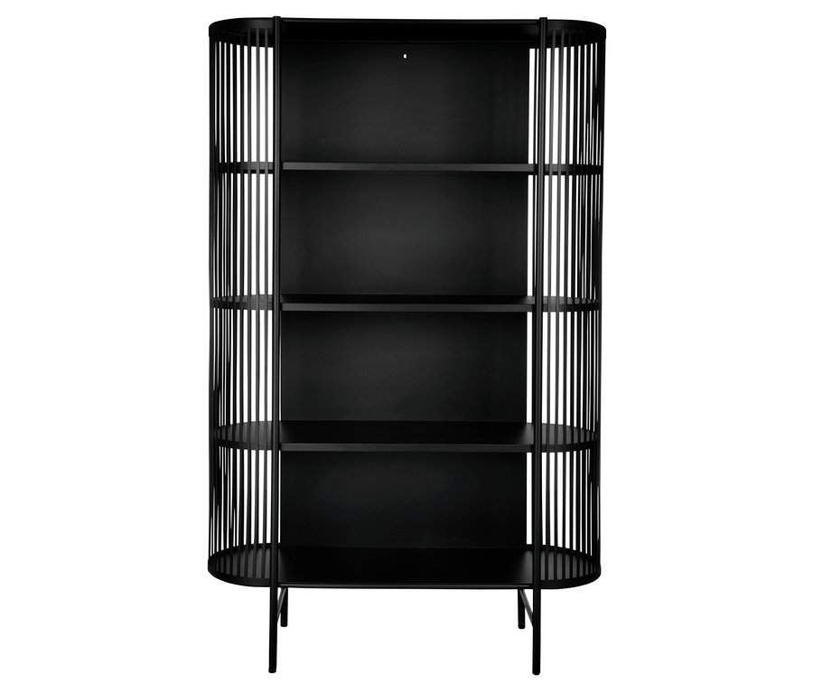 Schwarzes Bücherregal mit vier Regalen und einem Gitter an den Seiten.