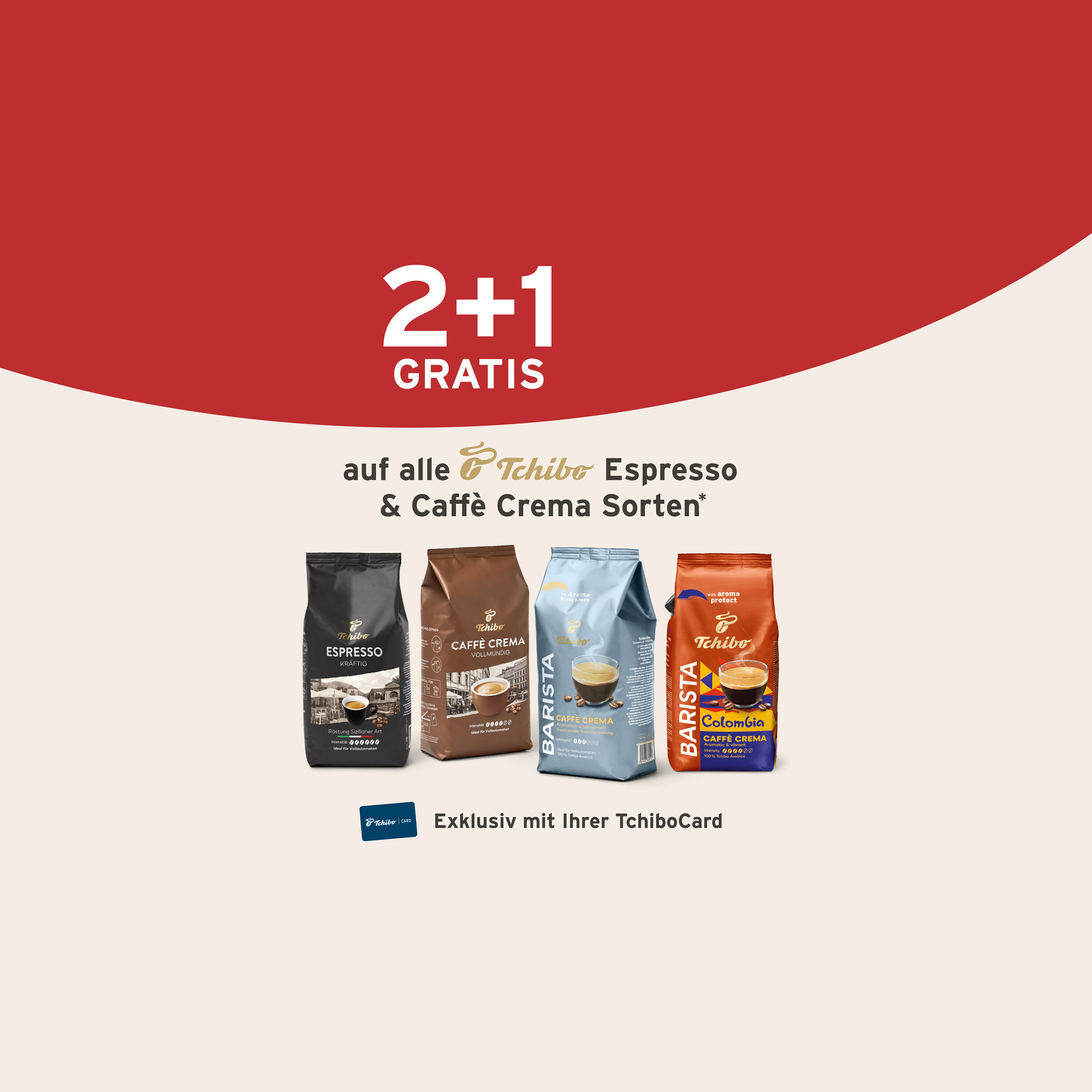Vier Packungen Tchibo Espresso und Caffè Crema mit 2+1 Gratis Angebot und TchiboCard im Vordergrund.