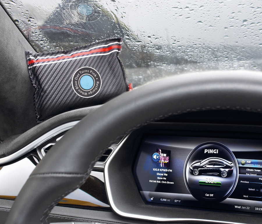 Im Auto liegt ein Pingi-Auto-Luftentfeuchterkissen auf dem Armaturenbrett.