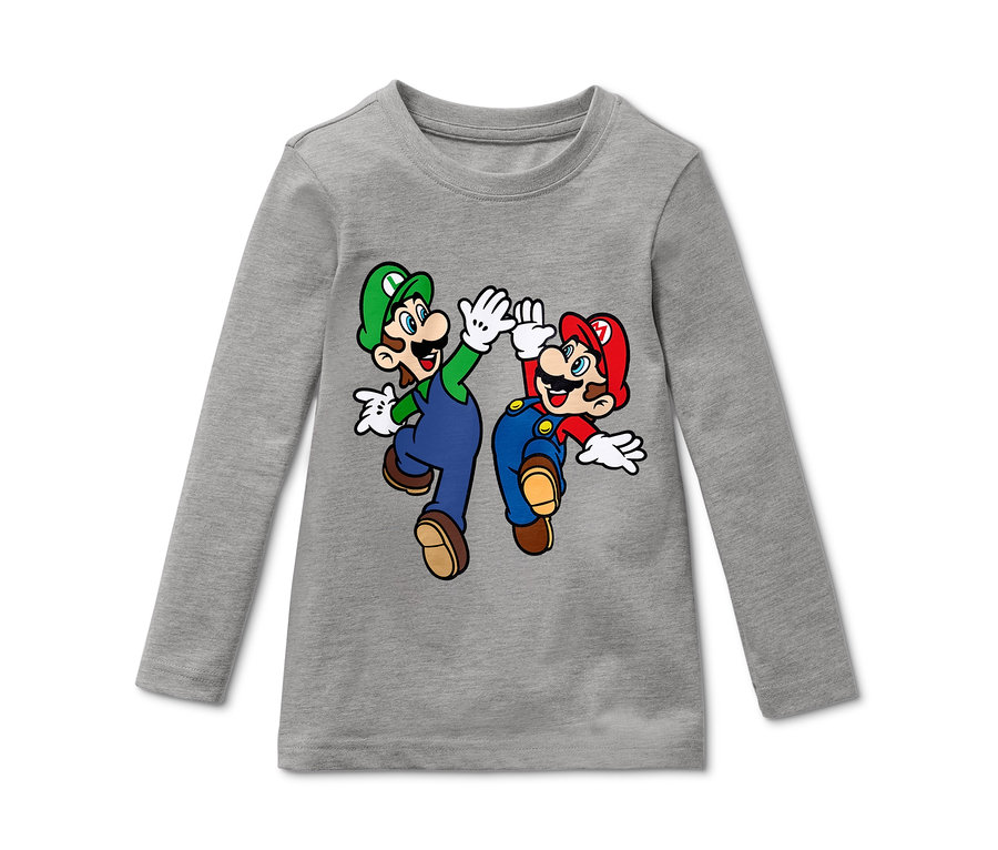 Graues Langarmshirt mit dem Aufdruck von Super Mario und Luigi.