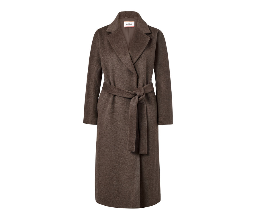 Brauner Mantel aus Wollmix mit Gürtel.
