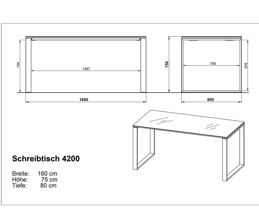 Technische Zeichnung des Schreibtisches "Monteria" mit Maßangaben.