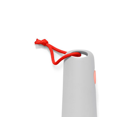 Graue Kehrschaufel mit Handkehrer und roter Schnur.