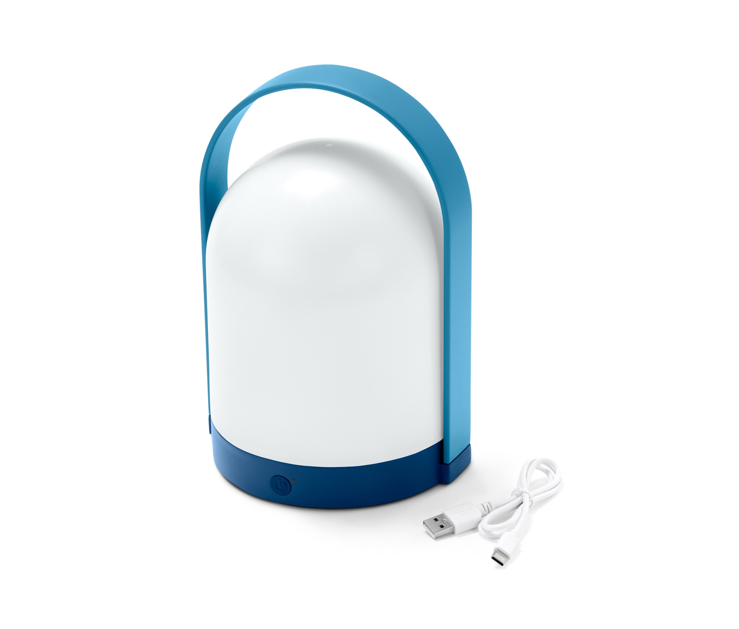 Eine LED-Tischleuchte mit blauem Griff und USB-Kabel.