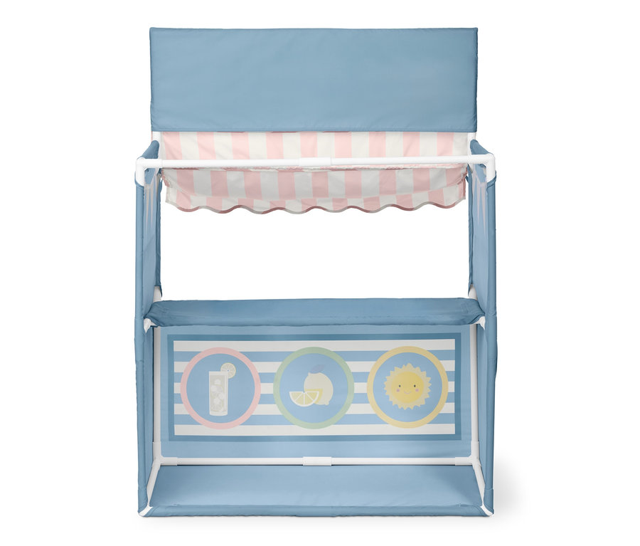 Blaues Spielzelt »Limonaden-Stand« mit weißen Streifen und Getränkeabbildungen.