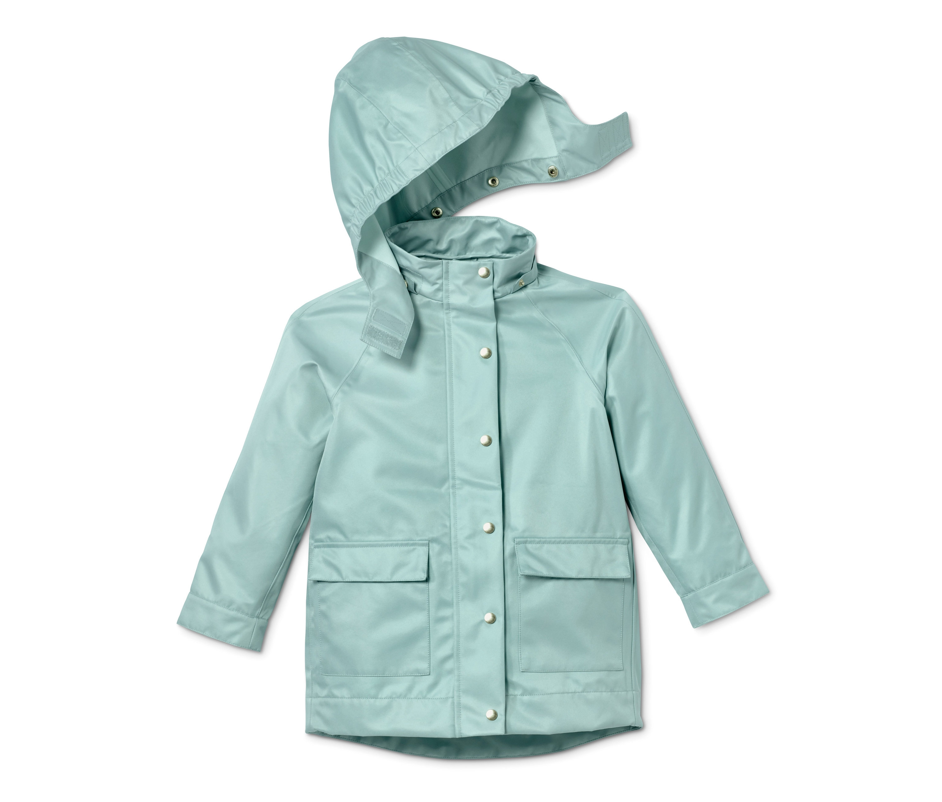 Helle grüne Regenjacke mit Kapuze.