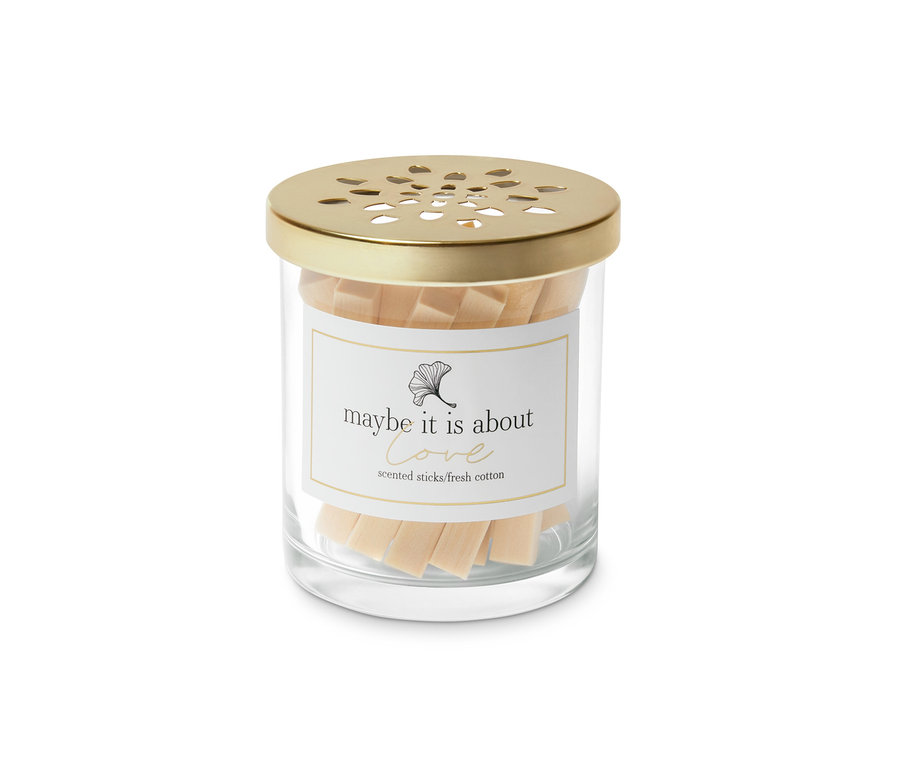 Raumduft-Sticks Baumwollfelder in einem durchsichtigen Glas mit goldenem Deckel.