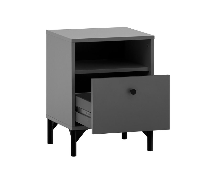 Anthrazitfarbene Nachtkonsole »Smash« mit offener Schublade.