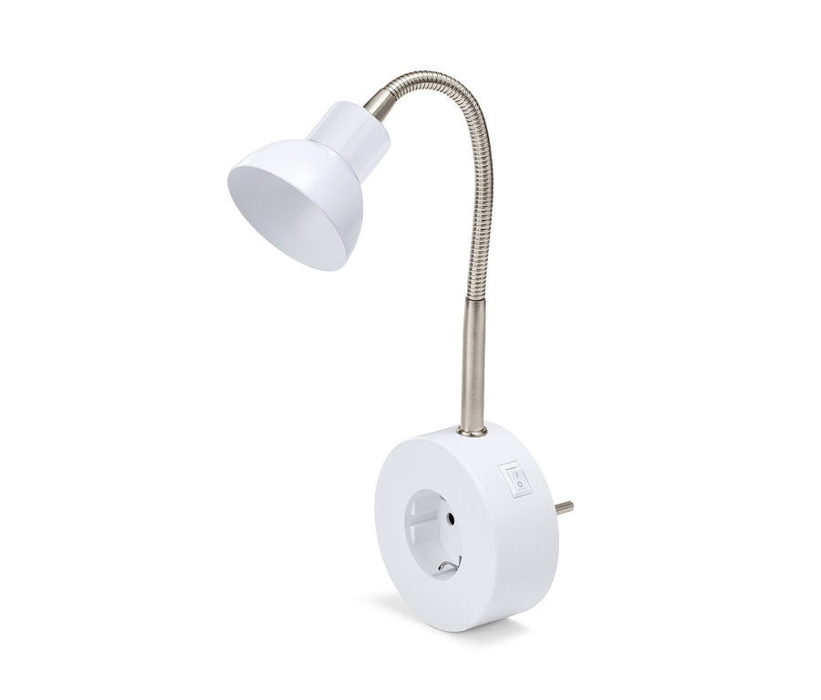 Eine weiße LED-Schwenkleuchte mit silbernem Schwanenhals.