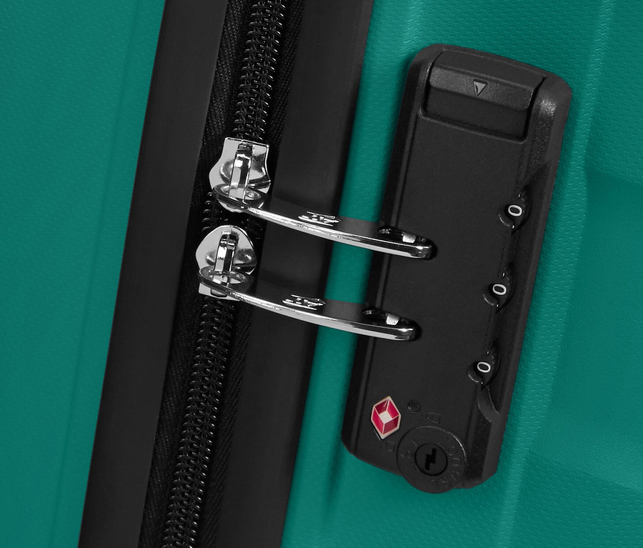 Detailansicht eines kleinen, sportlich blaugrünen American Tourister »Jetdriver 3.0« Koffers mit Reißverschluss und Schloss.