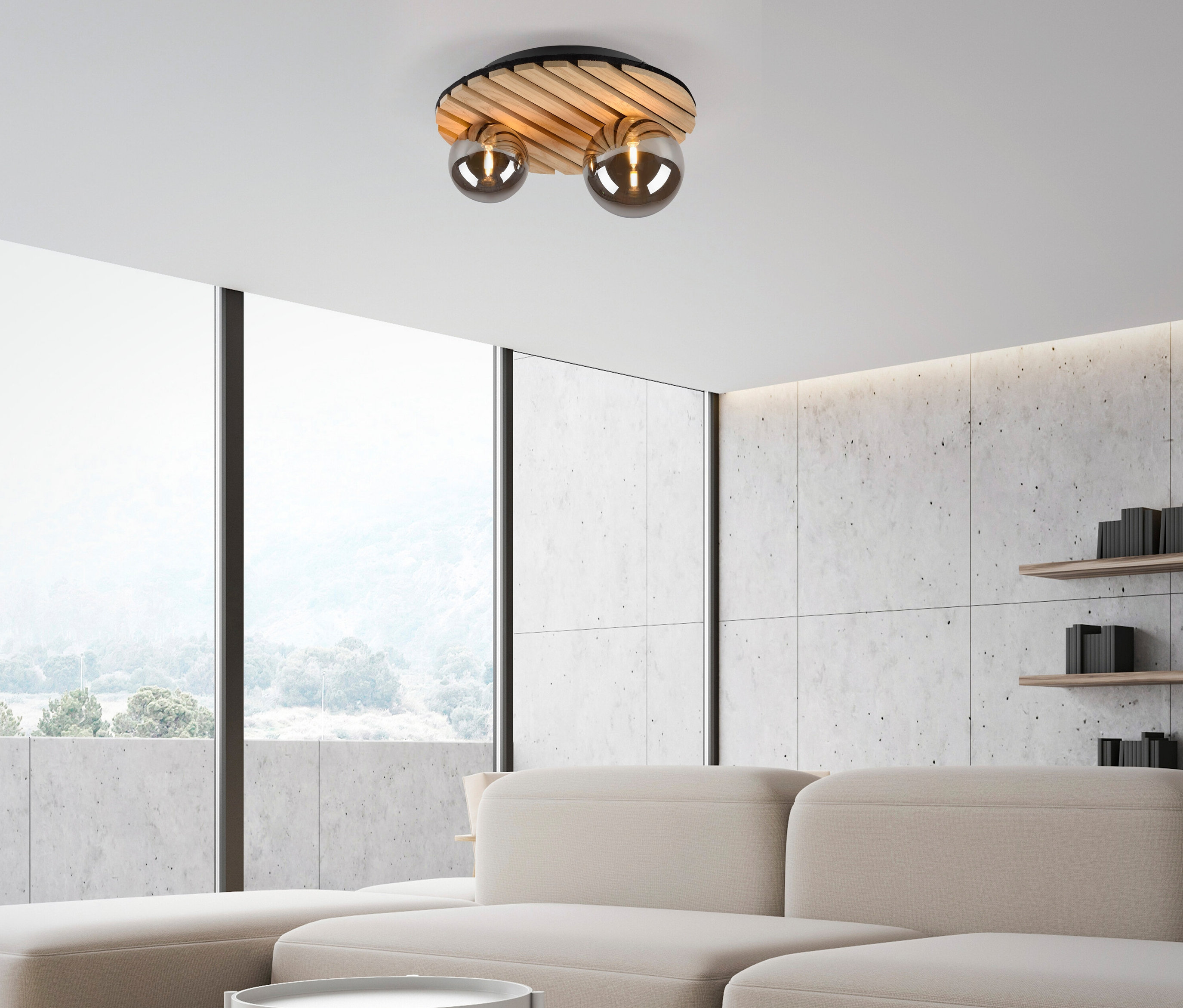 Wohnzimmer mit beigem Sofa und JUST LIGHT Deckenleuchte »Green Stika«.