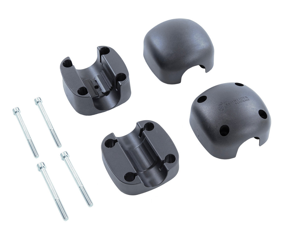 Ein Leco Balkon-Sonnenschirmhalter Set, bestehend aus zwei schwarzen Kunststoffhalterungen, zwei schwarzen Abdeckungen und vier silbernen Schrauben.