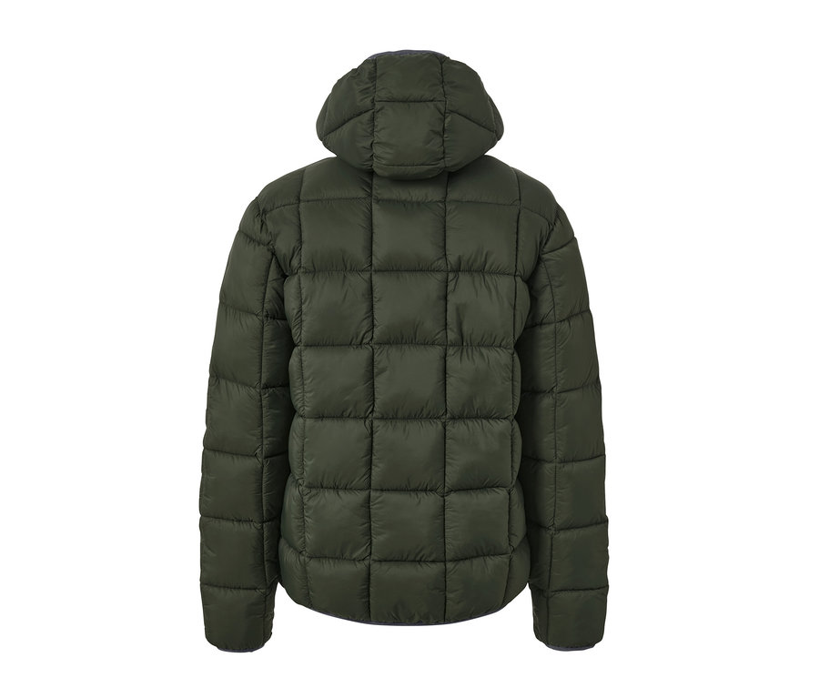 Khakifarbene Steppjacke mit Kapuze von hinten.