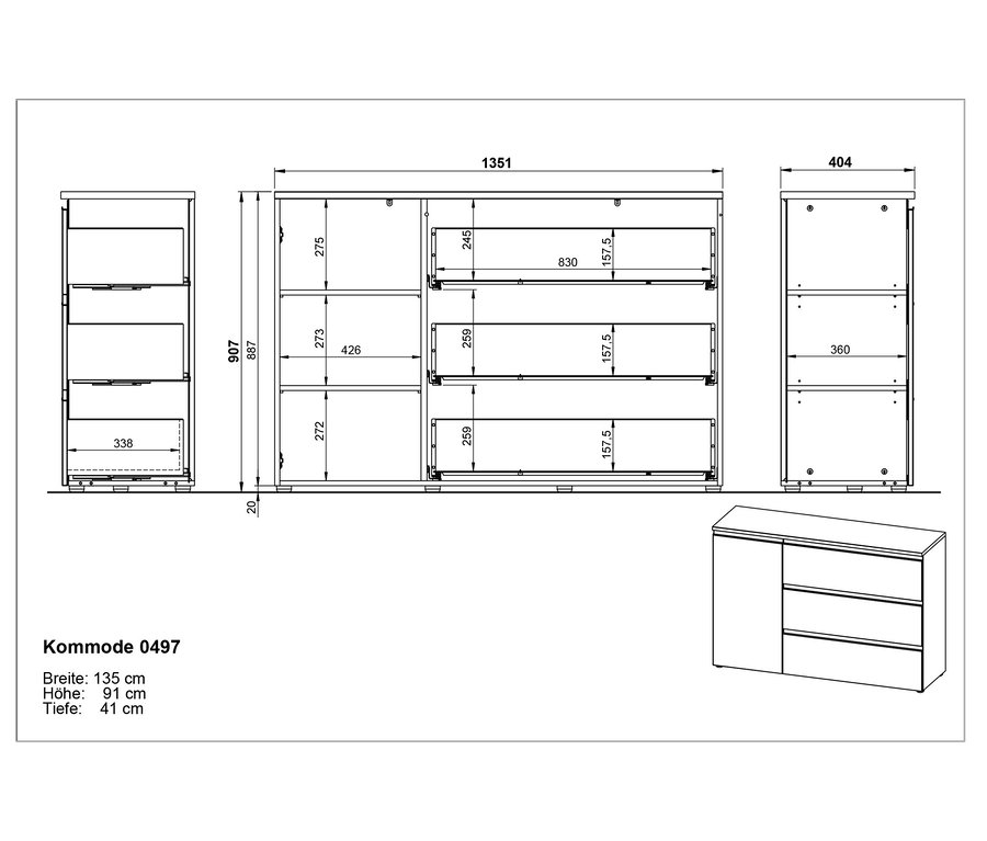 Technische Zeichnung der Kommode "Sennan" mit Maßangaben.