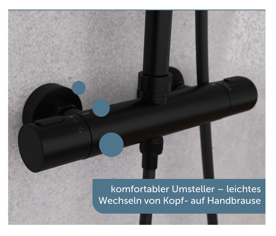 Schwarzes Duschsystem Aquaduct an grauer Wand.