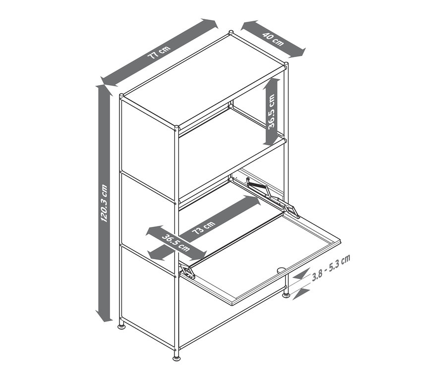 Illustration einer Kommode Metall »CN3« mit 2 Klappen und den dazugehörigen Maßen.