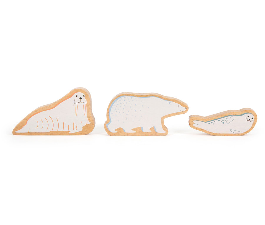 Drei Holzspielzeuge aus dem small foot Motorikspiele-Set »Arctic«: Walross, Eisbär und Robbe.