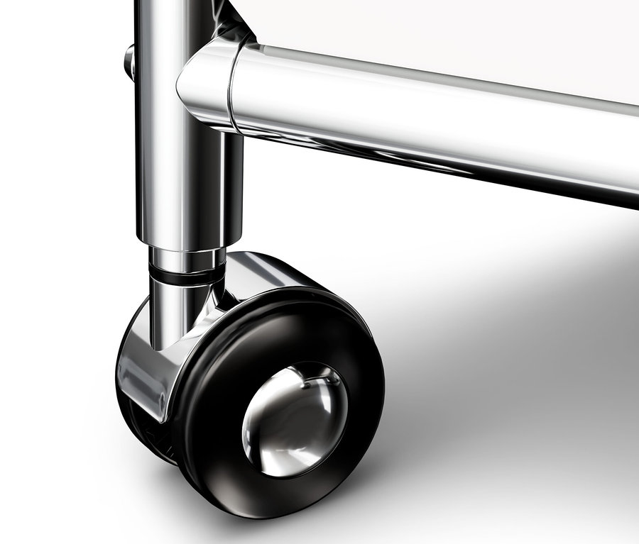 Detailansicht eines weißen Beistelltisches Metall »CN3« mit Rollen.