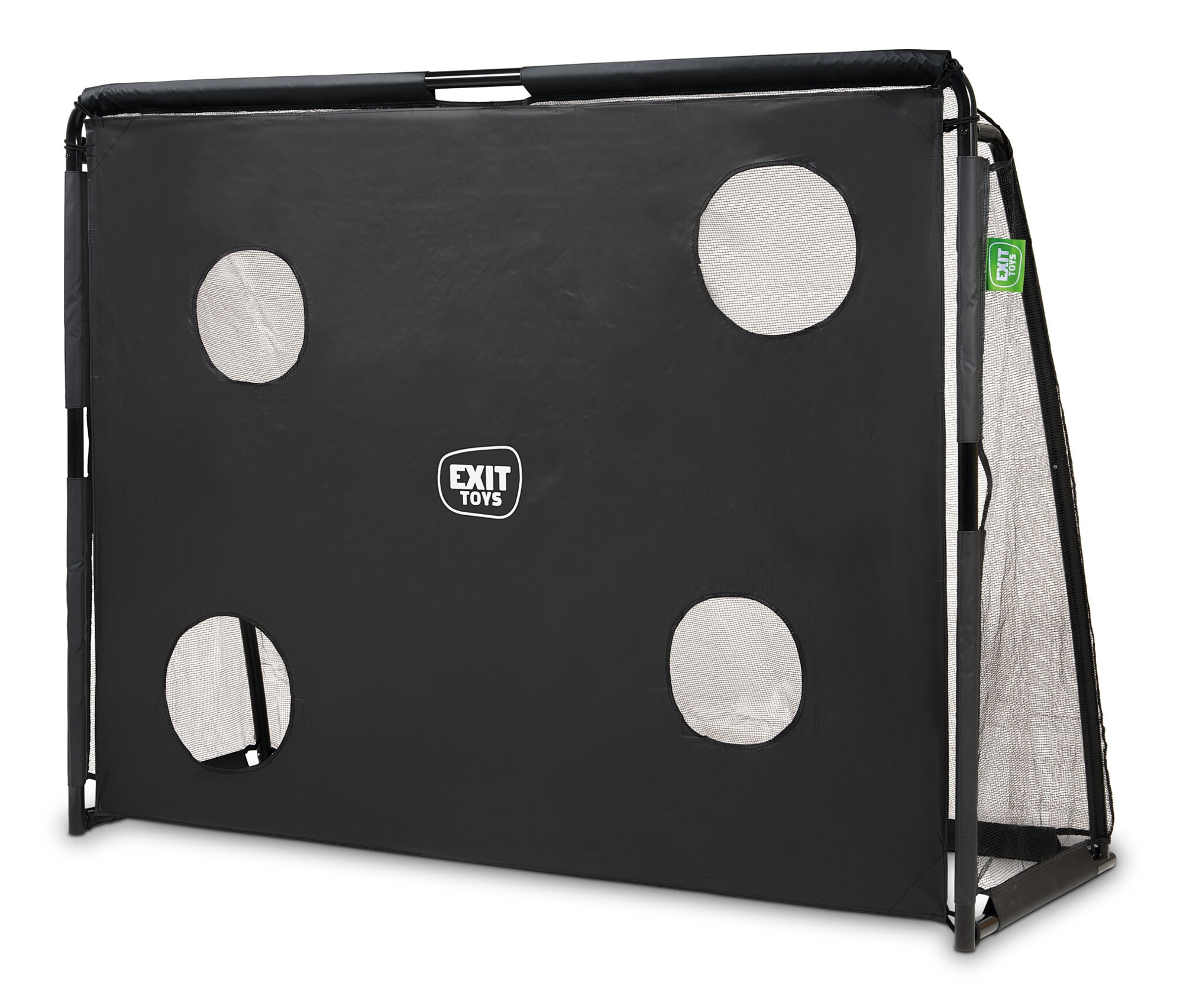 Ein EXIT Coppa Fußballtor mit einer schwarzen Plane und vier weißen Löchern.