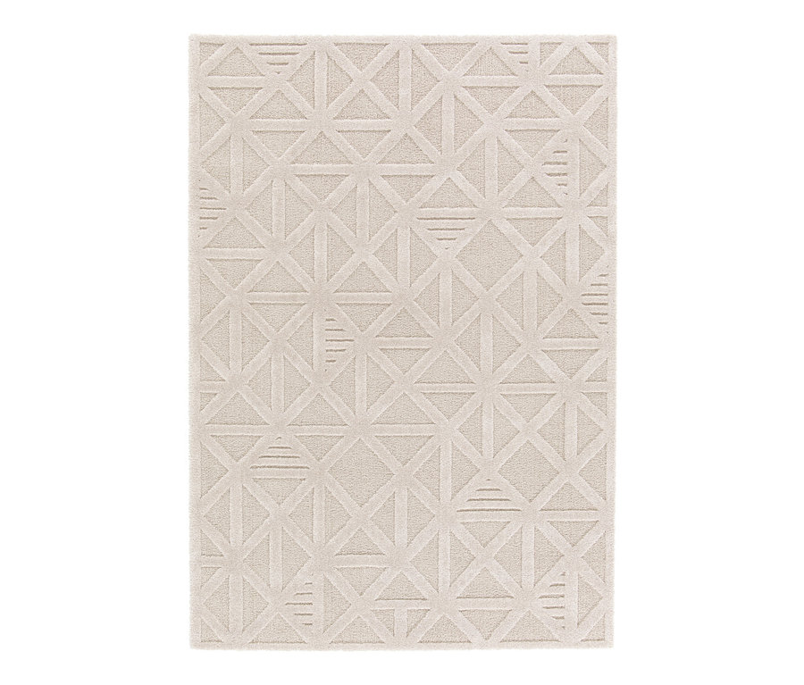 Detailansicht eines beigen Teppichs mit geometrischem Muster.