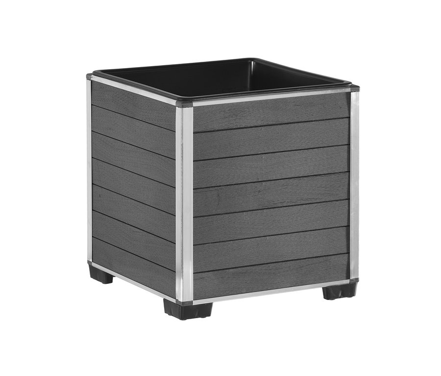 Anthrazitfarbener Pflanzkasten aus WPC mit Kunststoffeinsatz, ca. 33 x 34 x 33 cm.