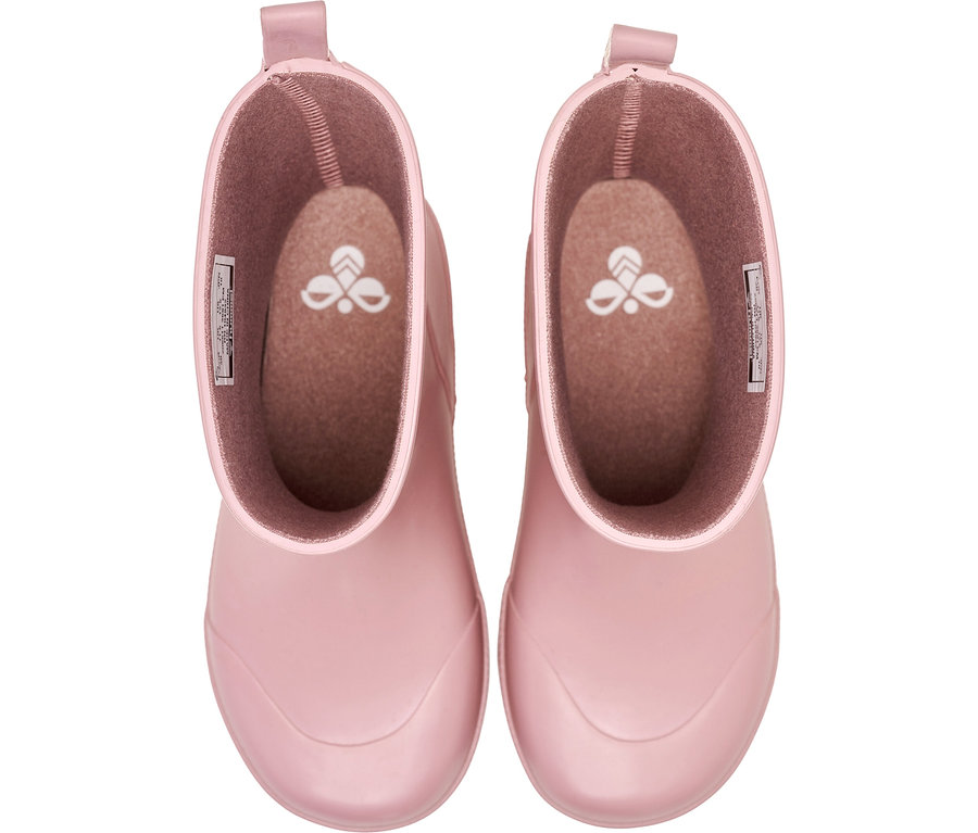 Paar rosa Gummistiefel, Draufsicht.