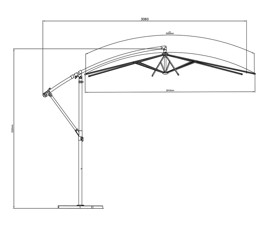 Diagramm eines hellgrauen Leco Ampelschirm* Ø 300 cm, inklusive Schirmständer und Abdeckhaube.