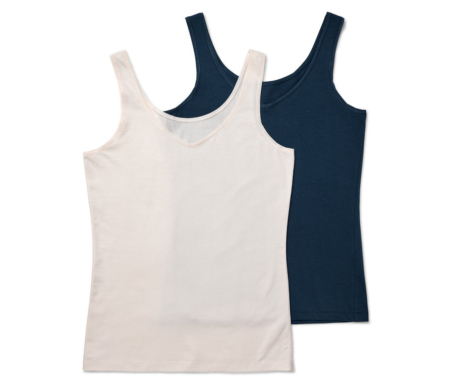 Zwei Tanktops: eines in Creme, eines in Dunkelblau.