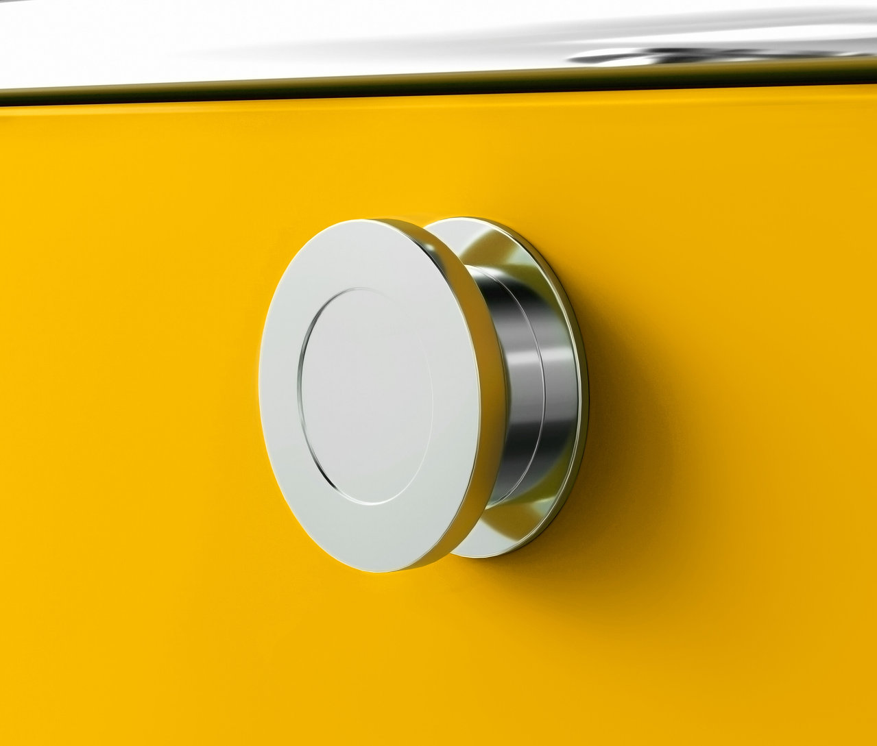 Detailansicht Rollcontainer Metall »CN3« mit 3 Schubladen, gelb, mit rundem silbernem Griff.